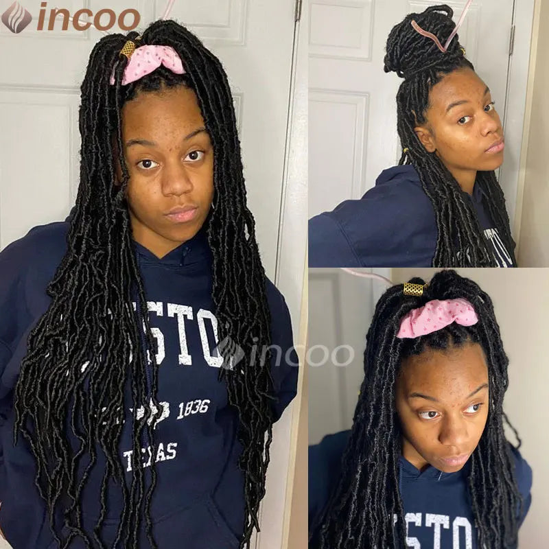 40 Inch Butterfly Locs Full Lace Braided Wigs Curly Ends Square Part Knotless Braided Wig Synthetic Braid Wig For Black Women