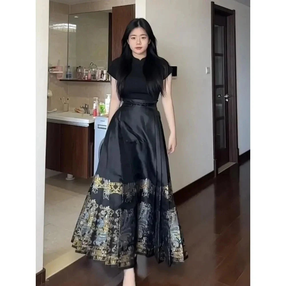 Chinese Style Traditional Pleated Skirt For Women Black Mamianqun Hanfu Thin Fashion All-match DIY Lace-up Long Skirts Womenwear