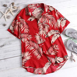 2023 New Hawaiian Red Leaf Tropical Shirts Floral Men Dazn Tops Summer Casual Short Sleeve Button Chemise Loose Vacation Beach