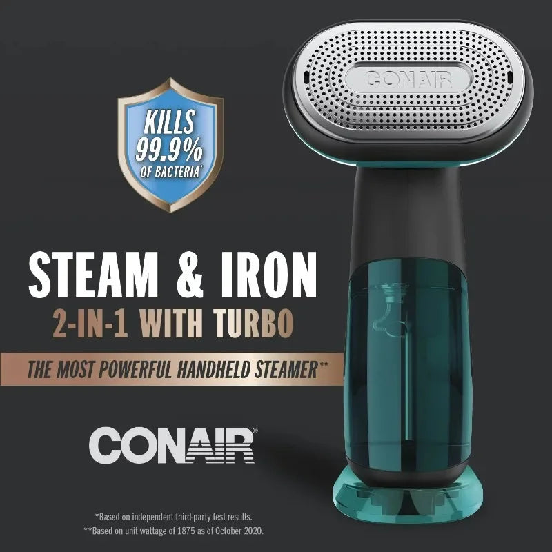 Conair Turbo ExtremeSteam 1875 Watt Handheld Fabric, 2-in-1 Steam and Iron Garment Steamer, One Size, Black/Green GS107