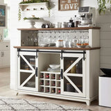 OKD Farmhouse Coffee Bar Cabinet with LED Lights, 55" Sideboard Buffet Table W/Sliding Barn Door & Wine and Glass Rack