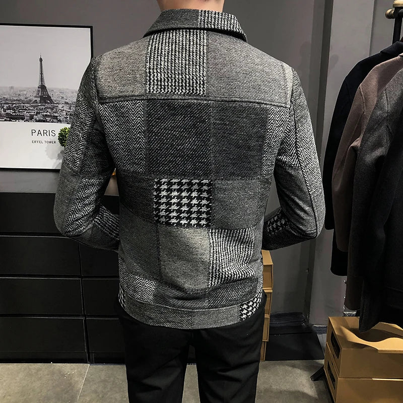 New Hombre Korean Casual Men Stitching Jacket Slim Jacket Fashion Warm Long-sleeved Plaid Gentleman Pockets Coat Jacket S-3XL