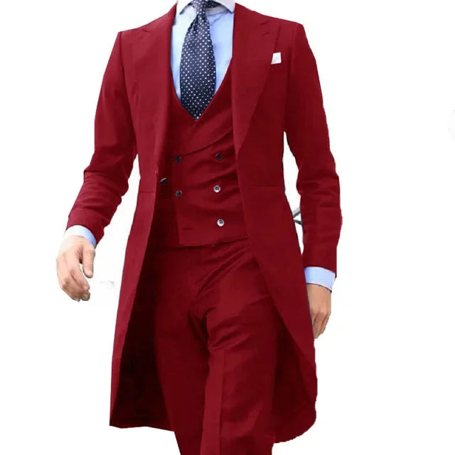 Long Coat Designs Red Men Suit Gentle Mens Tuxedo Prom Blazer Custom 3 Pieces (Jacket+vest+Pants)