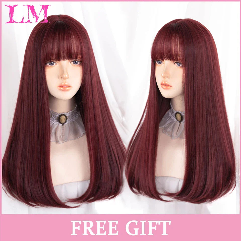 LM Red Brown Copper Ginger Short Curly Synthetic Wigs for Women Natural Wave Wigs with Bangs Heat Resistant Cosplay Hair