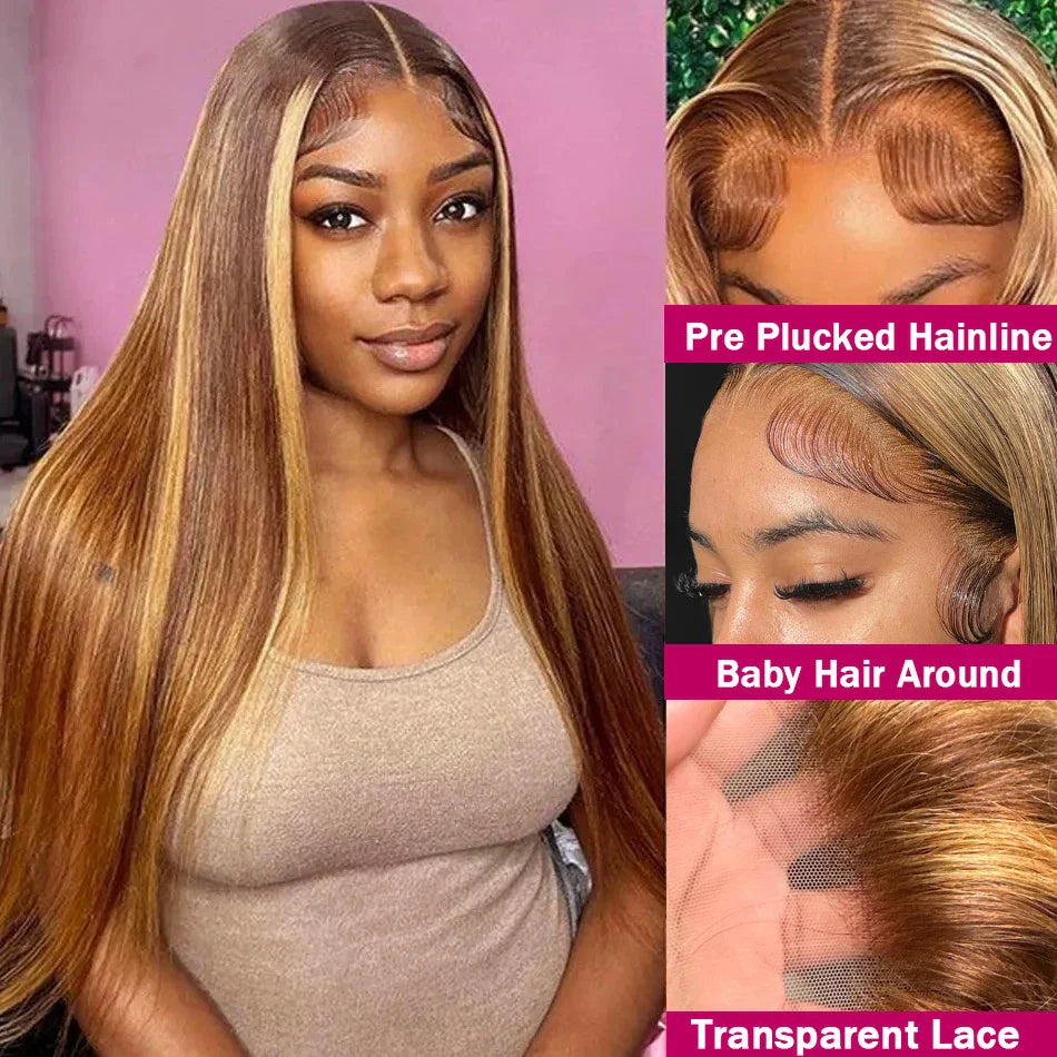 250% HD Highlight Bone Straight Lace Frontal Wig Human Hair 13x4 13x6 Lace Front Ombre 4/27 Honey Blonde Colored Wigs For Women