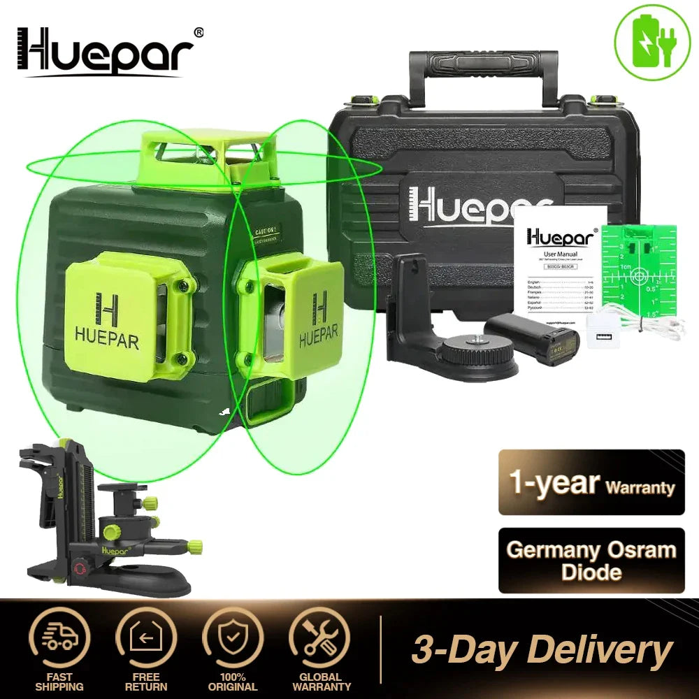 Huepar 3D Cross Line Self-leveling Laser Level 12 lines Green Beam Li-ion Battery with Type-C Charging Port & Hard Carry Case