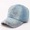 Women Bling Tiara Distressed Denim Baseball Cap Rhinestones Embellished Washed Retro Style Adjustable Hat