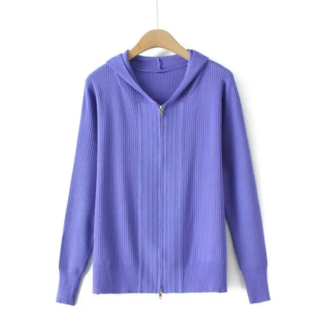 Plus Size Cardigan Women 2023 Spring Summer Zipper Labeling Ice Silk Knit Hooded Jumper Simple Sweater Oversized Curve Clothes