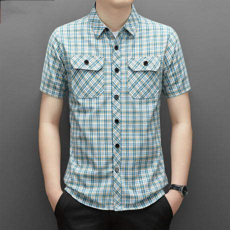 Summer Cotton Men's New in Shirt Slim Fit Plaid Striped Short Sleeve Button Pocket Polo Lapel Casual Fashion Vintage Tops