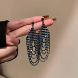 Long Retro Blue Flower Feather Tassel Dangle Earrings for Women 2022 Fashion Crystal Drop Earring Vintage Brincos Jewelry