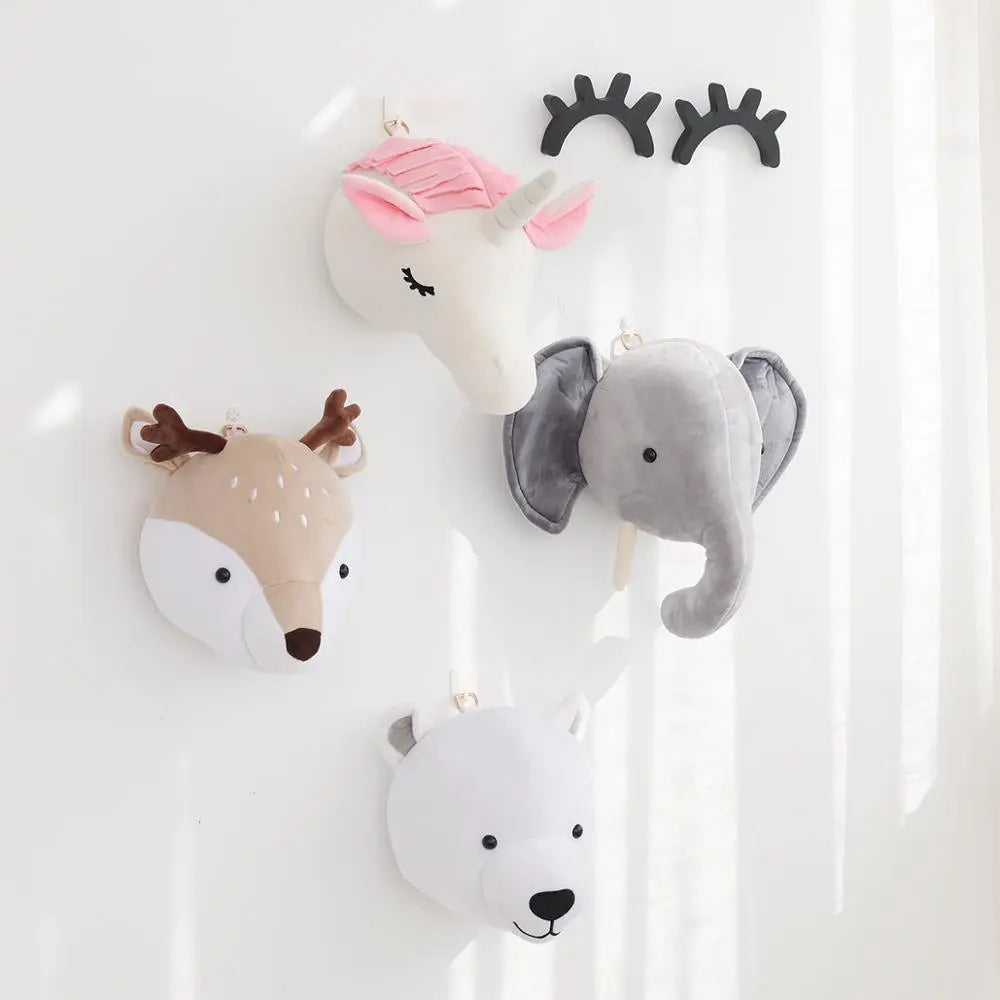 Plush Head Elephant Unicorn Deer Nursery Childhood Room Decor Wall Hangings for Baby Bedroom Wall Mount Kids Stuffed Animal Toys