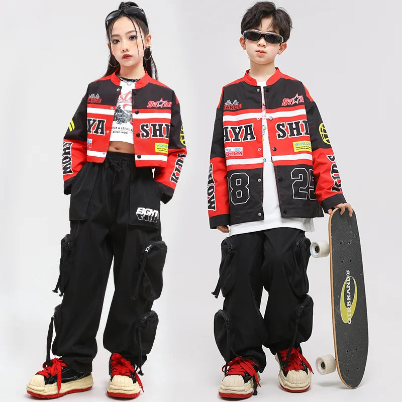 New Hip Hop Clothing Red Motorcycle Jacket for Kids Jazz Dance Costume Group Performance Clothes Boys Girls Street Dancing Wear