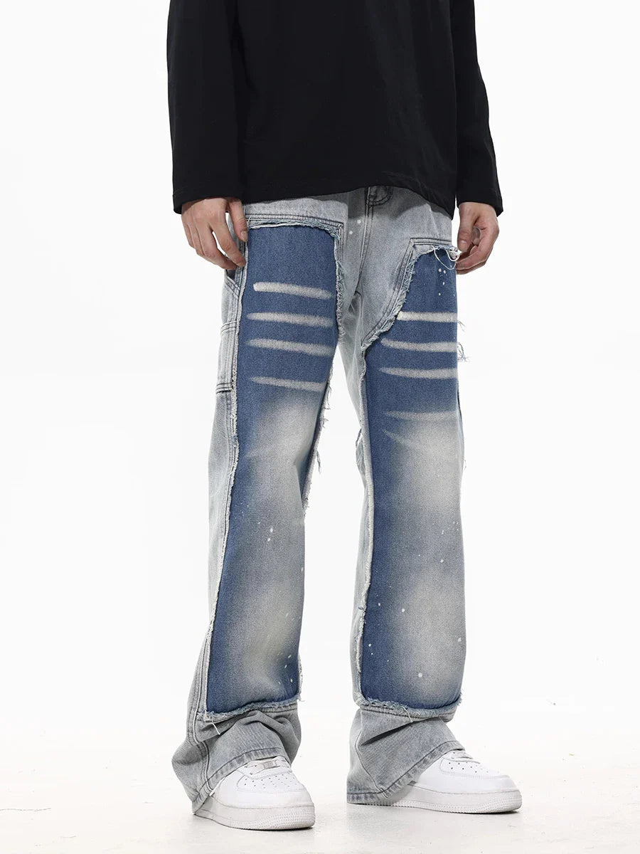 REDDACHIC Two Tone Patchwork Baggy Jeans Men Hiphop Splash Ink Brushed Blue Wash Loose Fit Casual Wide Leg Pants Y2k Streetwear