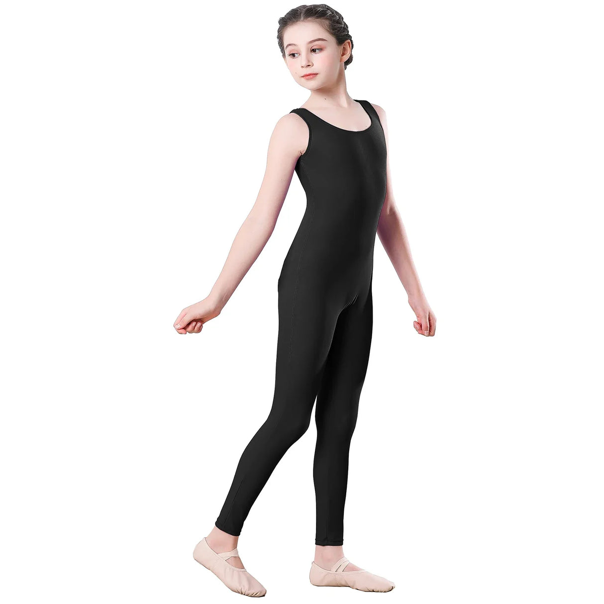 AOYLISEY Girls Black Tank Sleeveless Unitard Gymnastics Bodysuit Boys Spandex Full Body Kids Jumpsuit Scoop Neck Dance Costumes