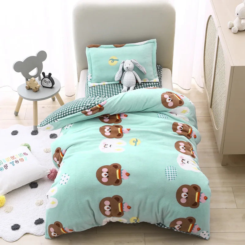 Baby Cartoon Print Bedding Set Duvet Covers Pillowcases Set Autumn Winter Warm Suede Bedclothes Bed Linen CP29