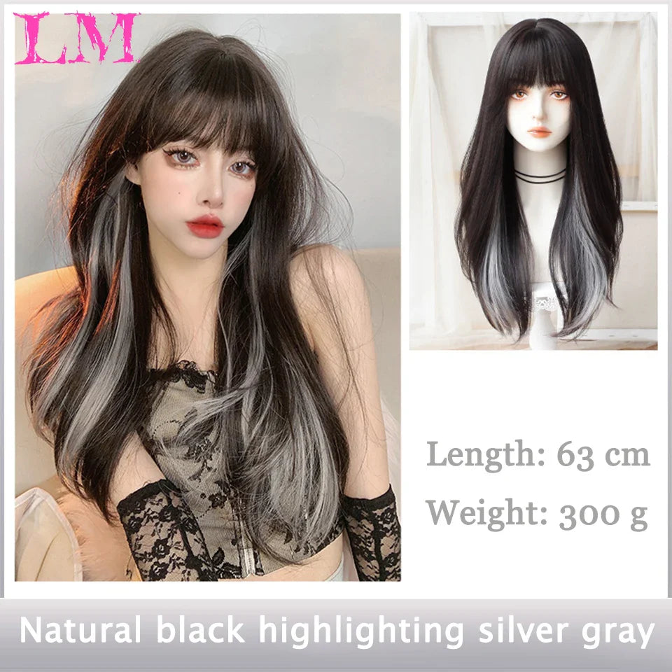 LM Dark Brown Wig Long Wave Wigs for Women Synthetic Hair Wig With Bangs Heat Resistant Party Daily Natural Use