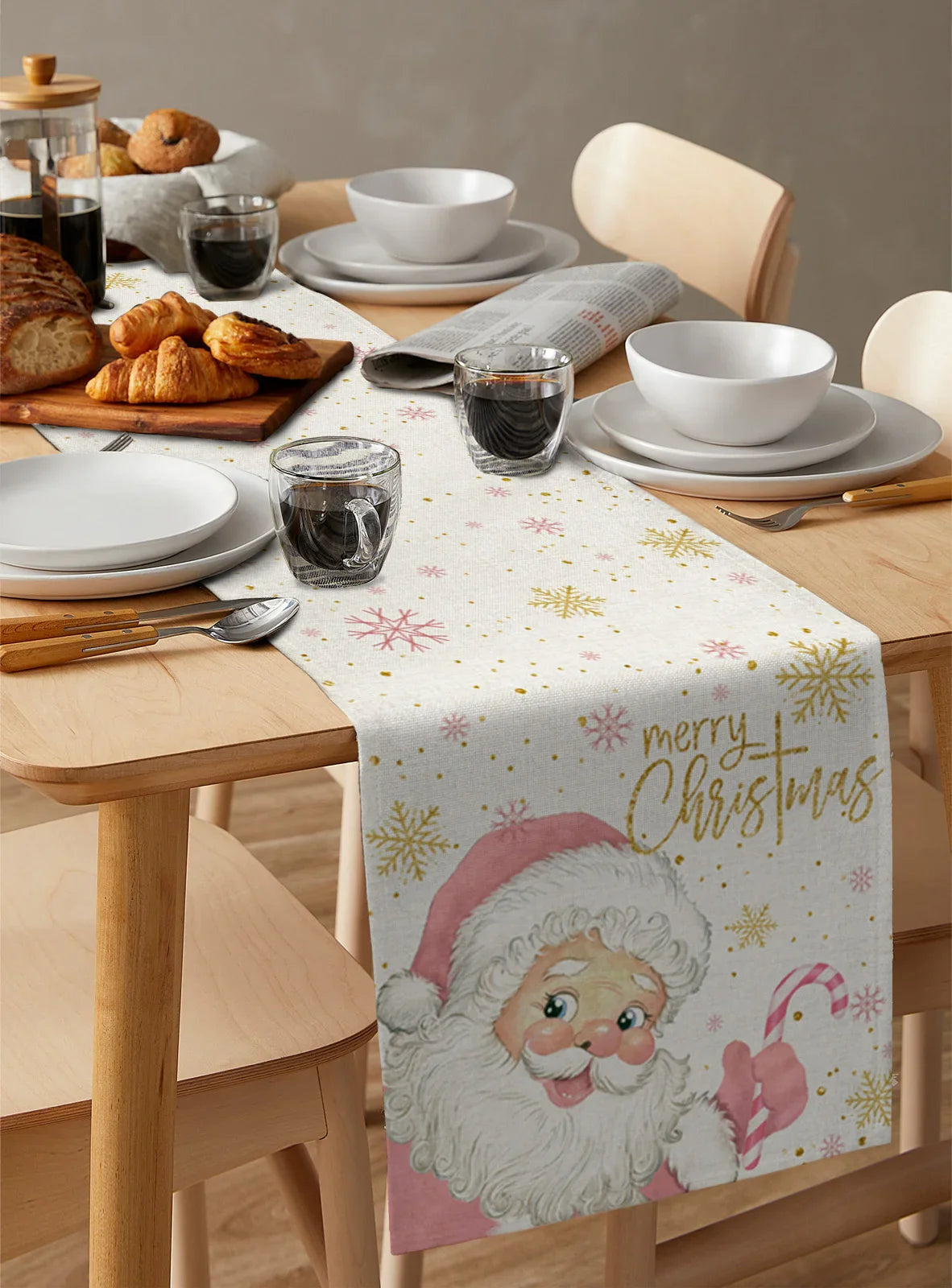 Merry Christmas Pink Old Man Snowflake Candy Wedding Decor Table Runner Kitchen Coffee Table Dining Table Fabric Home Decoration