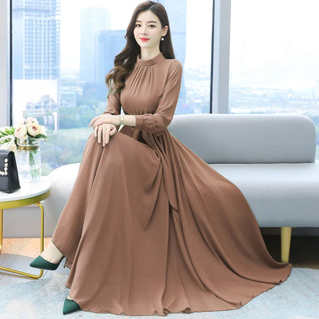 Plus Size Spring Autumn Women Maxi Dresses Female Vintage Full Sleeve Solid Casual Chiffon Dress Woman Bohemian Long Dresses