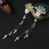 Chinese Hair Clips Girls Hanfu Hair Accessories Green Flower Hairpin Tassel Pearl Headpiece Ancient Party Barrette Head Jewelry