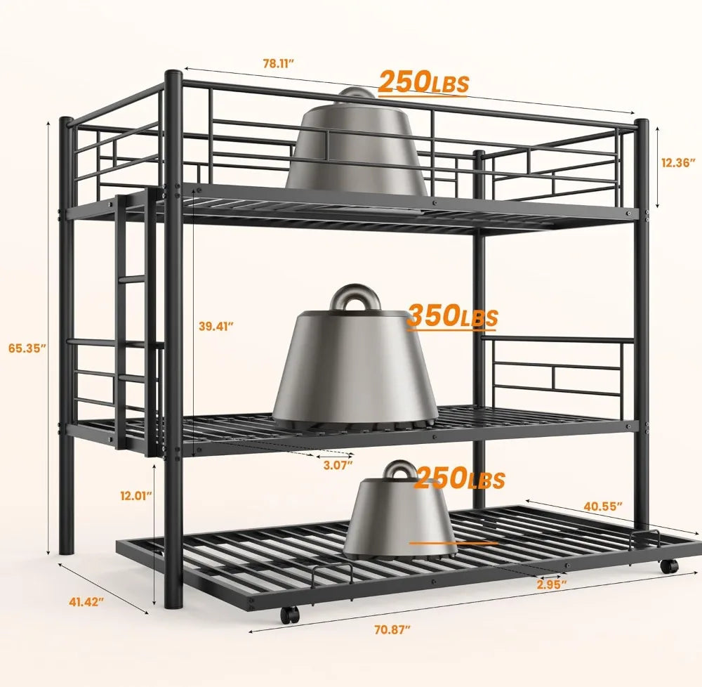 Twin Over Twin Bunk Bed with Trundle for Adult, Dormitory, Bedroom, Sturdy Steel Bedframe w/Guardrail & Ladder, Space Saving