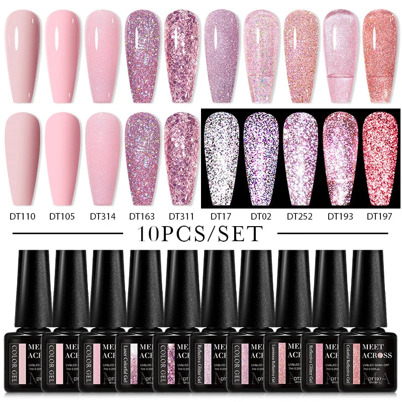 10Pcs Nude Glitter Gel Nail Polish Set Purple Pink Reflective Glitter Semi Permanent Varnishes Soak Off UV LED Nail Art Gel Kits