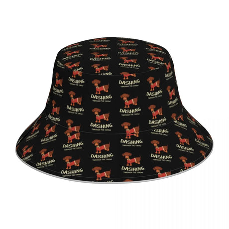 Dachshund Bucket Hat Black and Gold Dog Hawaii Fun Reflective Fisherman Hats Printed Double-sided Wear Sun Hat