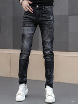 Man's Trousers Classic Distinctive Printed Black Stretch Denim Jeans for Men High Quality Slim Fit Stretch Hip Hop Denim Pants