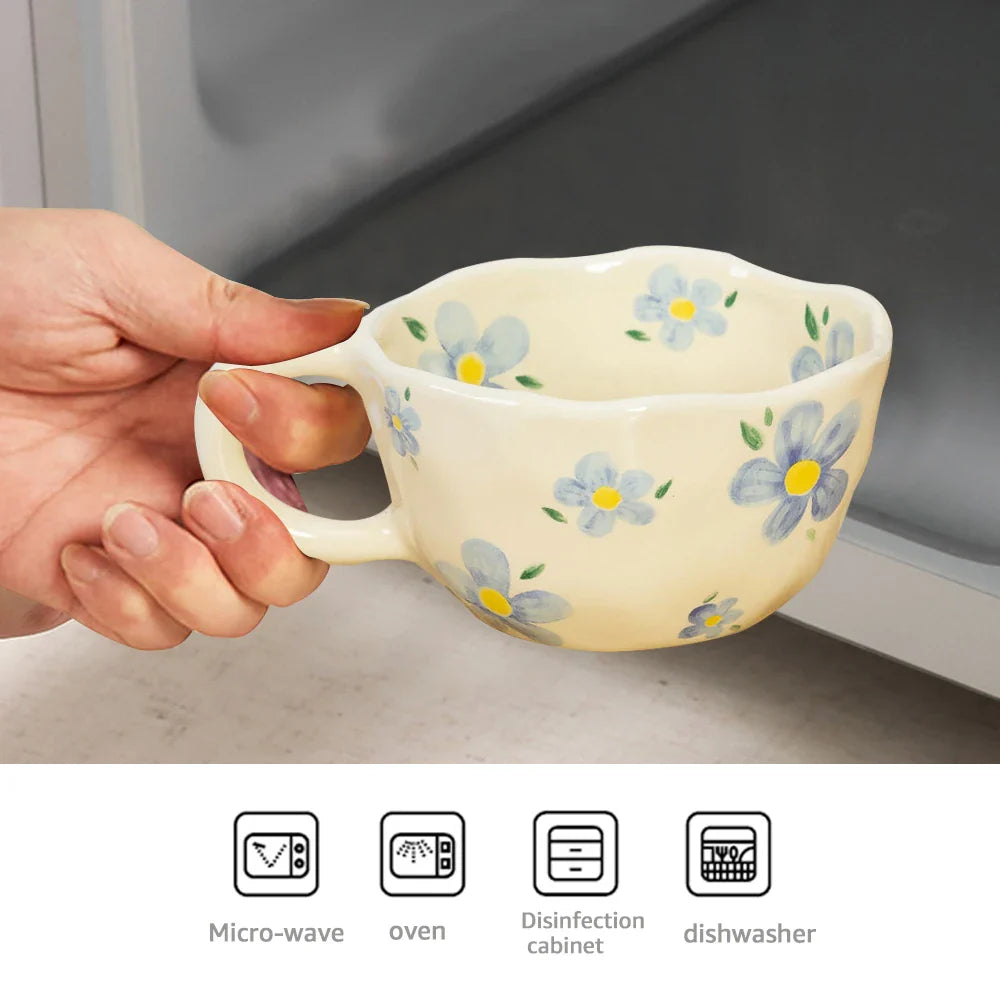 Ceramic Mugs Coffee Cups Hand Pinched Irregular Flower Milk Tea Cup Ins Korean Style Oatmeal Breakfast Mug Drinkware Kitchen