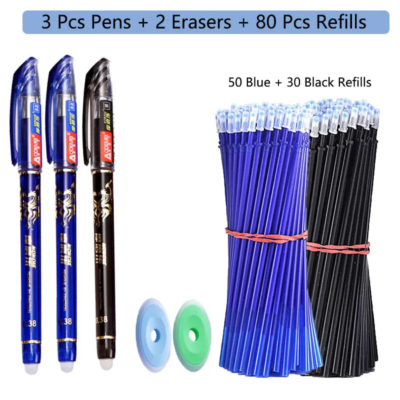 85Pcs/Set Erasable Pen Gel Pens 0.5mm Blue/Black ink Refills Rod Washable Handle School Writing Office Kawaii Stationery Gel Pen