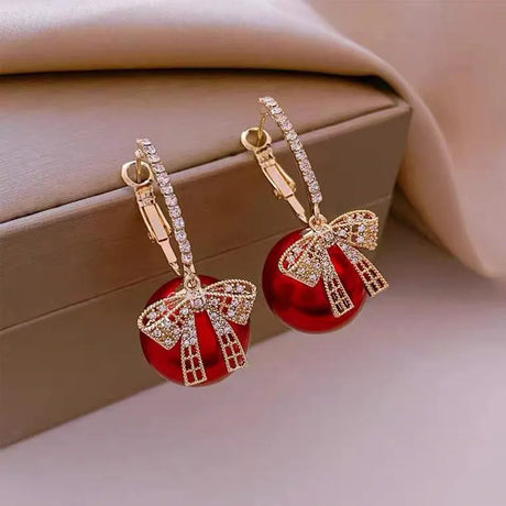 Jea. Angel Vintage Red Pearl Round Silver Color Earrings For Women Wedding Party Elegant Jewelry Fashion Accessories Gifts