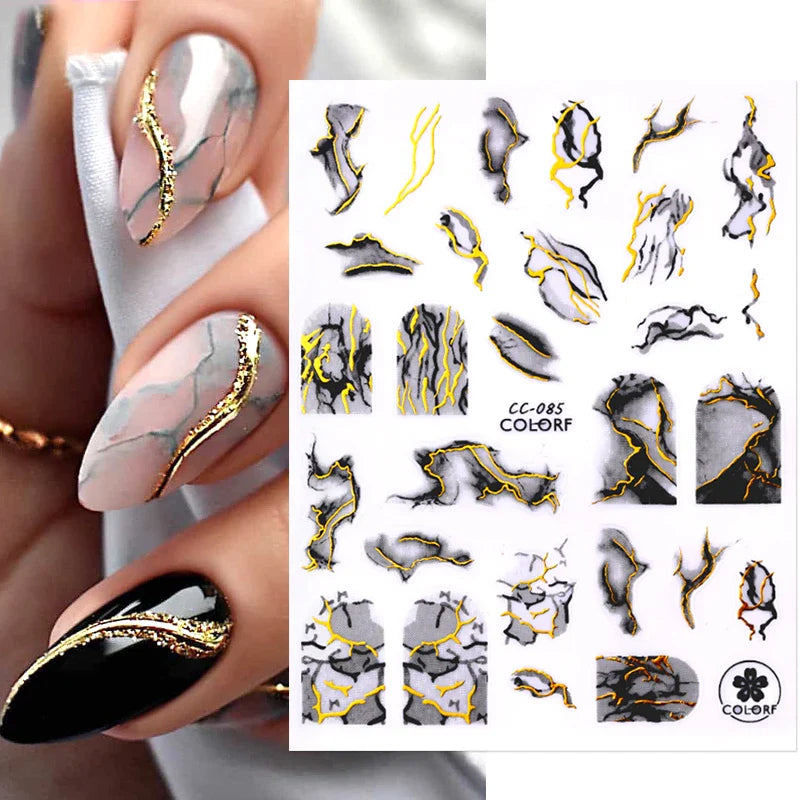 3D Silver Frame Nail Sticker Silver Bronzing Stripe Lines Sliders For Nails Tribal Pattern Decals Marble Blooming Nail Tattoos