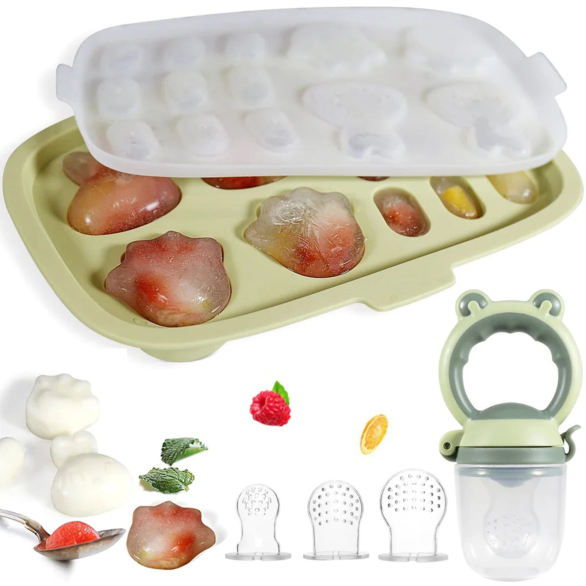 Baby Popsicle Molds with Baby Fruit Feeder Baby Food Freezer Tray Baby Food Storage Containers Silicone Ice Cube Trays Freezer