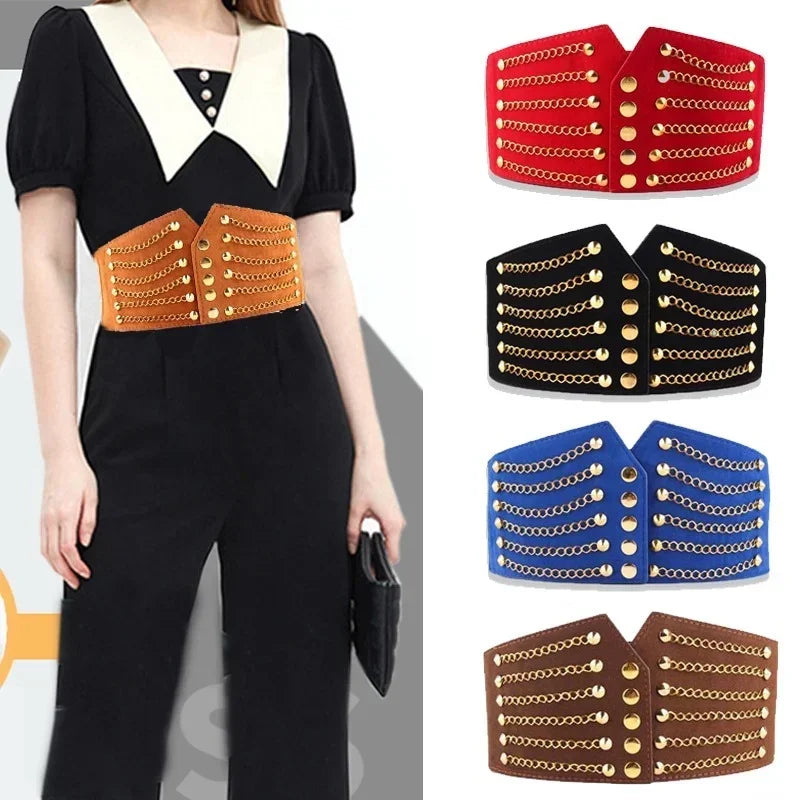 Deepeel 10cm Wide Women Fashion Slim Corset Cummerbunds Elastic Belts  Rivet Waistband Female Coat Fur Hige Waist Belt Accessory