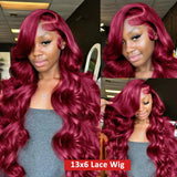 Tewjig 250 Density 99J Burgundy 13x6 Lace Frontal Wigs Remy Body Wave 30 40 Inch HD Transparent  Human Hair Wigs For Women