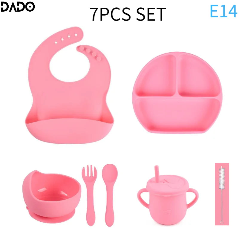 Baby Feeding Set Silicone Suction Bowls Divided Plates Straw Sippy Cup Toddler Self Eating Utensils Dishes Kit Bibs Spoons Fork