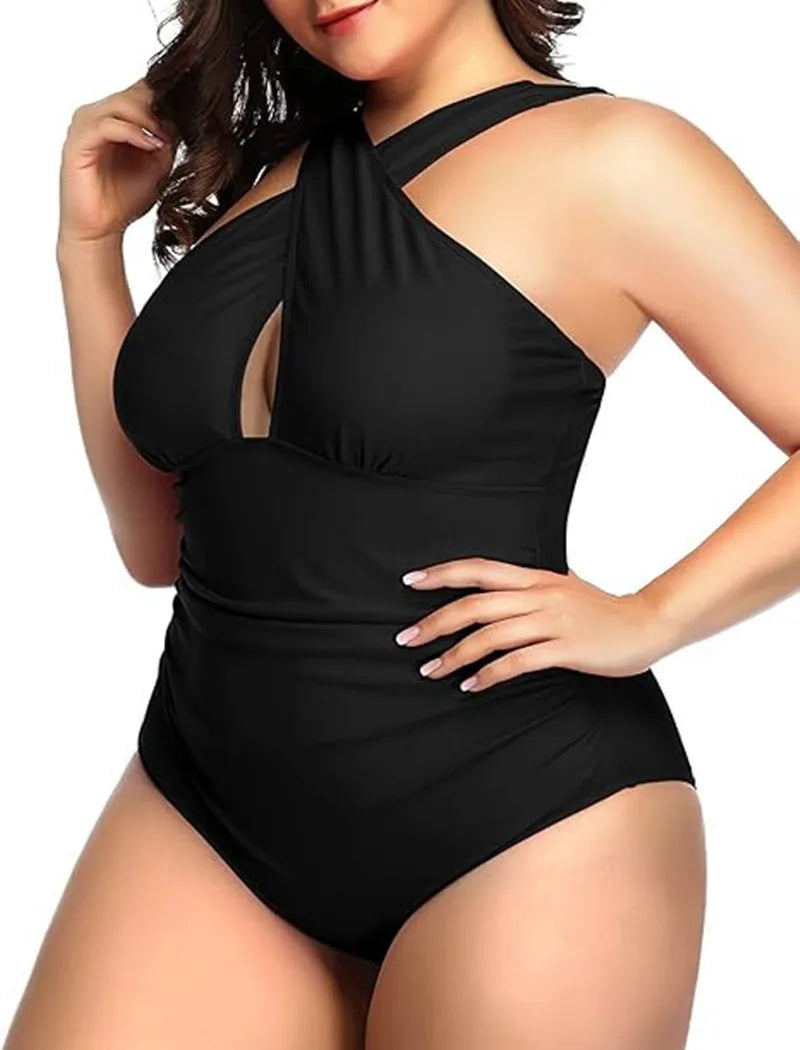 2024 Summer Women Plus Size One Piece Swimsuits Front Cross Tummy Control Black Sexy Swimwear Backless Bathing Suit