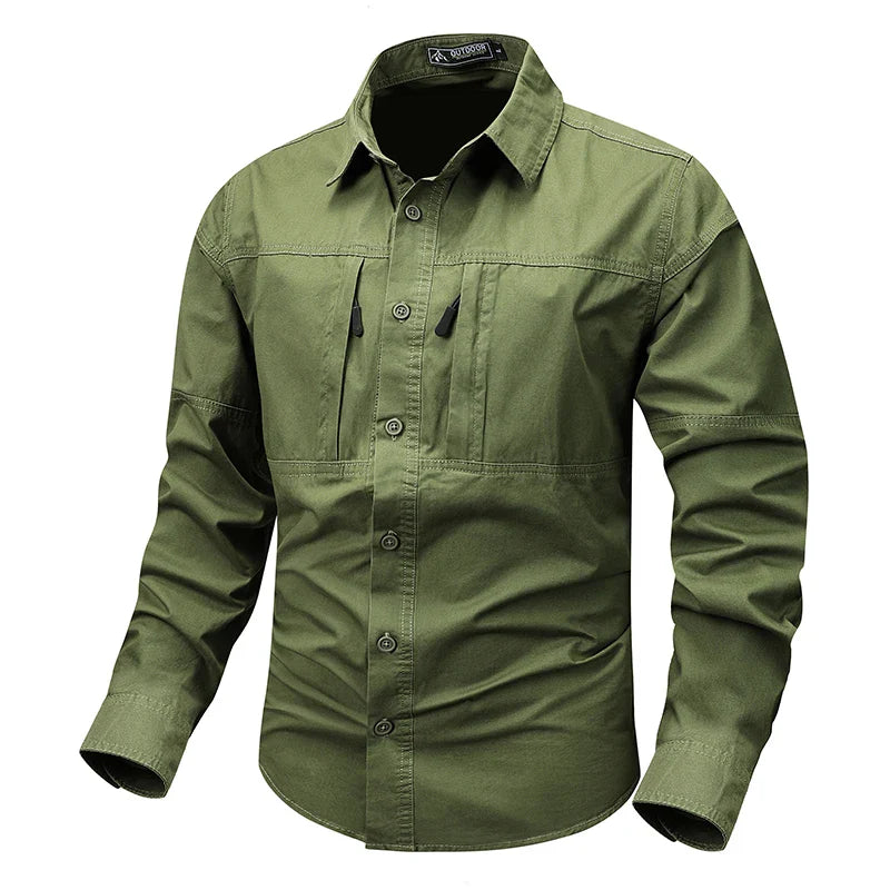 Casual Green Cargo Military Shirt Men'S Long Sleeve 2024 Spring Autumn Fashion Blouse