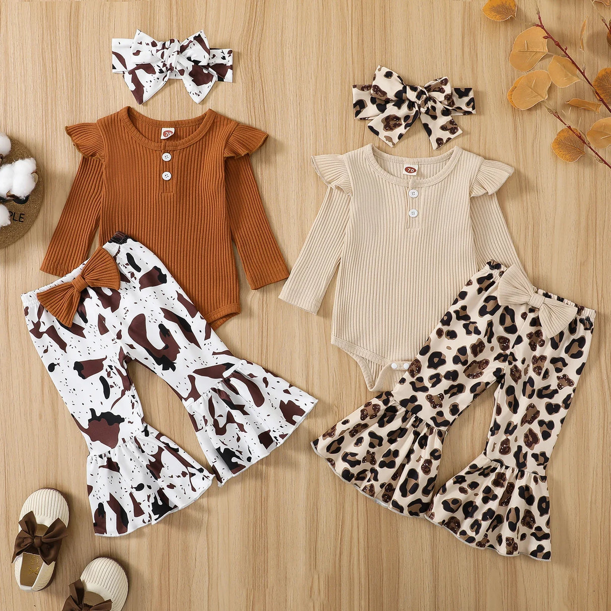 Citgeett Autumn Infant Baby Girls Jumpsuit Solid Color Ribbed Fly Sleeve Romper + Leopard Flare Pants Spring Clothes