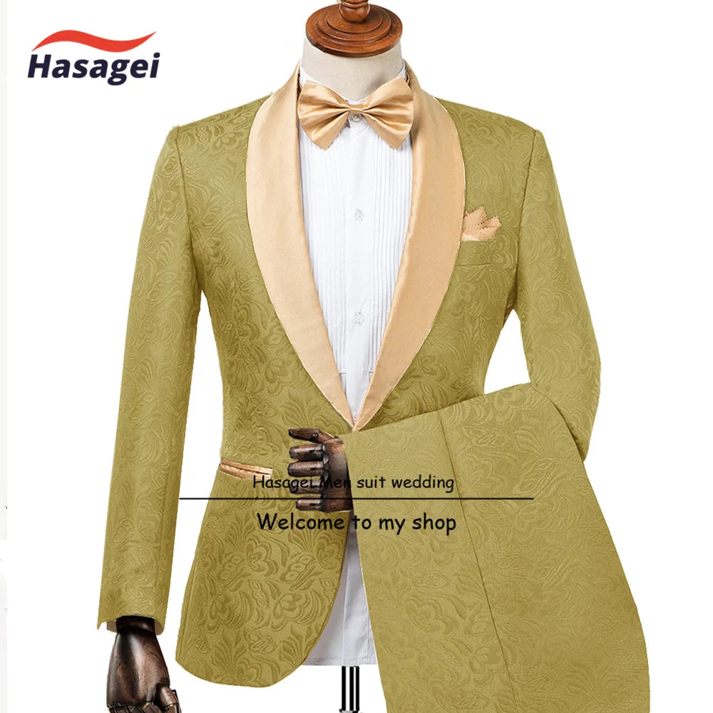 Champagne Men's Wedding Tuxedo Elegant Men 2-piece Suit Set Patterned Jacket Pants Formal Slim Fit Outfit