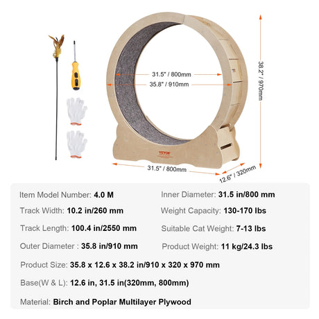 VEVOR Cat Exercise Wheel Natural Wood Silent Running Toy Treadmill Roller Wheel with Detachable Carpet for Most Cats Pet Fitness