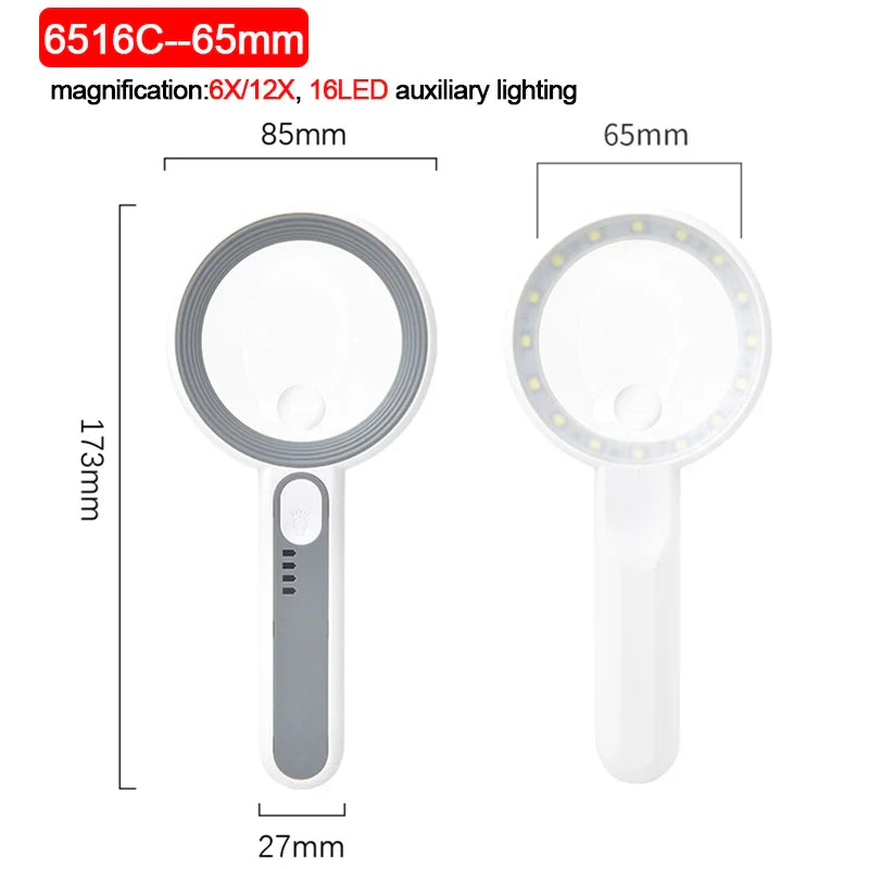 5X 6X 11X 12X Rechargeable Handheld Magnifier 3 Lighting Modes Illuminated Magnifying Glass with LED Light for Reading/Repair