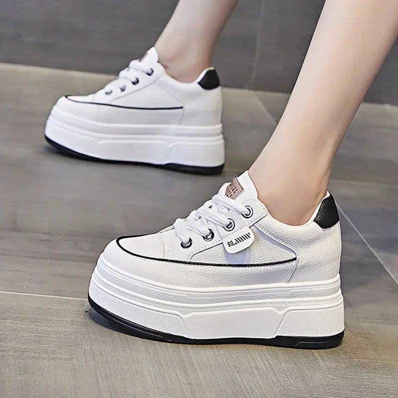 2023 New Platform Sneakers Wedge Genuine Leather Women Spring Autumn Casual Shoes Fashion Sneakers Hidden Heel Spring Shoes 9cm