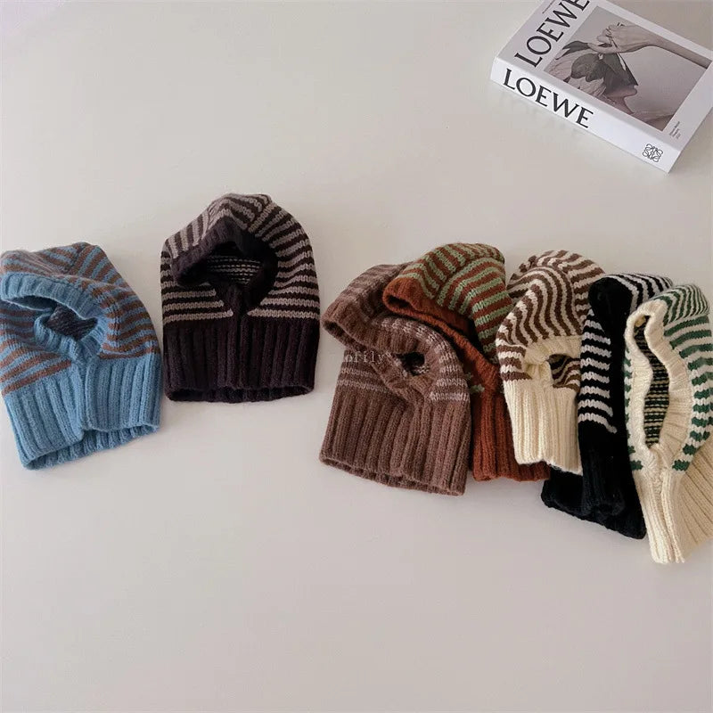 2-6Y Unisex Kids One-Piece Hats Scarf Winter Baby Girls Boys Stripe Knit Cap Woolen Yarn Scarf Earmuff Warm Keep Set for Outdoor