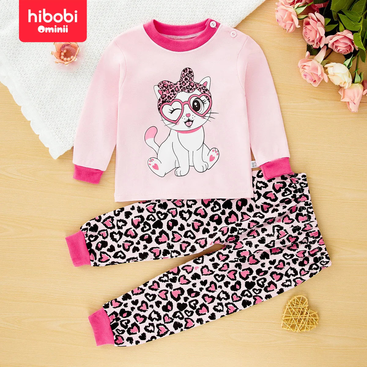 hibobi Spring 2-Piece Cute Cat Girl Round Neck Loungewear Set Comfortable Fashion Pajama Pants Set For Girls Aged 1-6 Years Old