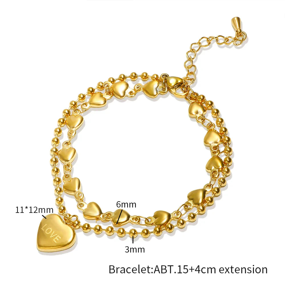 JOVO LOVE 316L Stainless Steel Double Heart Charm Bracelet Beaded Chain For Women Gold Color Wrist Fine Jewelry Party Gifts 2023