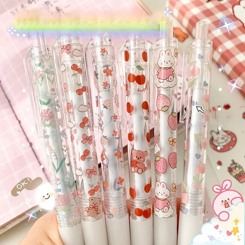 6pcs Floral Gel Pens Set Transparent 0.5mm Black Ink Needle Pens Kawaii Signature Pens Korean Stationery School Office Supplies