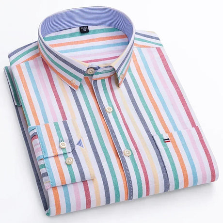 2023 Oxford Men Fashion 100% Cotton Thin Long Sleeve Casual Slim Solid Color Plaid Print Stripe Formal Dress Shirt Plus 7XL 6XL