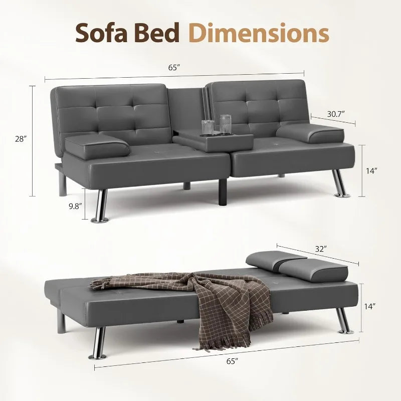 Convertible Folding Futon Sofa Bed Sleeper Couch for Living Room Faux Leather Upholstered Loveseat w/Removable Armrests