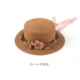 Simple Parent-child Summer New Women's Sun Hat Bucket cap beige lace Bowknot Flowers Ribbon Flat top Straw Hat Beach Caps Panama