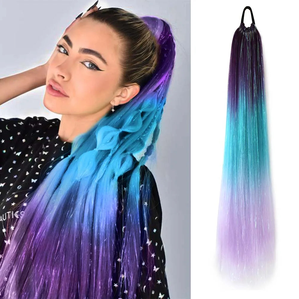 26 inch Y2K Jumbo Ponytail Hair Extensions With Tinsel Hair DIY Shiny Pony Tail Braids For Women and Girls